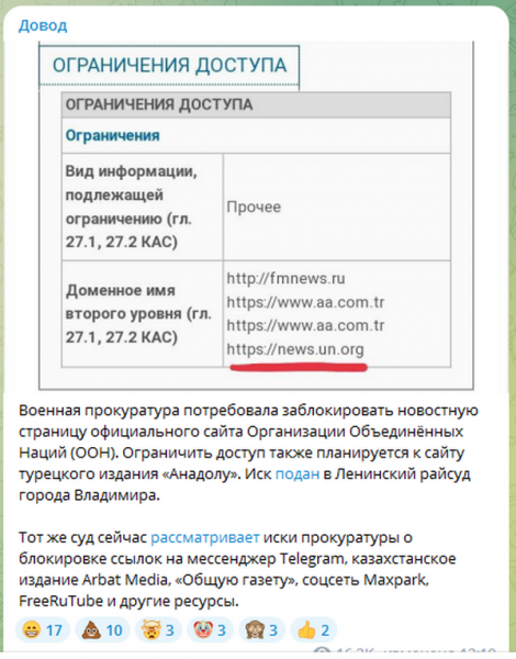 В росії планують заблокувати сайт ООН та Telegram