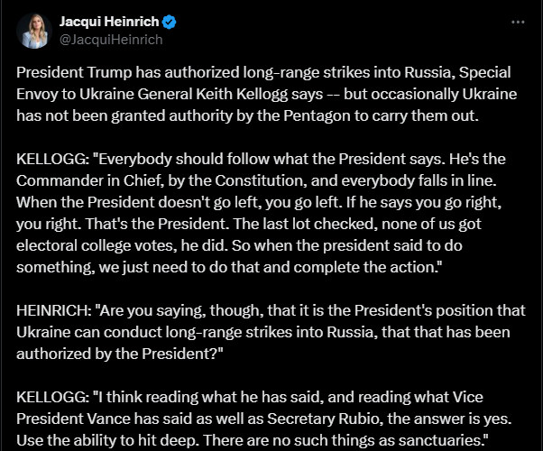 &laquo;Святих зон&raquo; не&nbsp;існує: Трамп дозволив Україні використати далекобійну зброю для ударів углиб росії,&nbsp;&mdash; Келлог